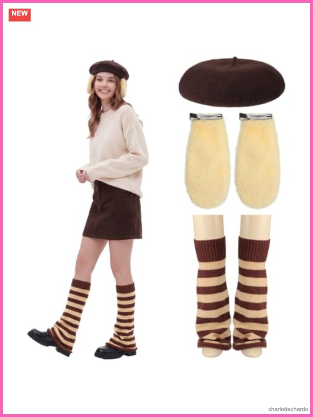 3 Pc Animal Costume Accessory Set Plush Ear Clips Beret Leg Warmers